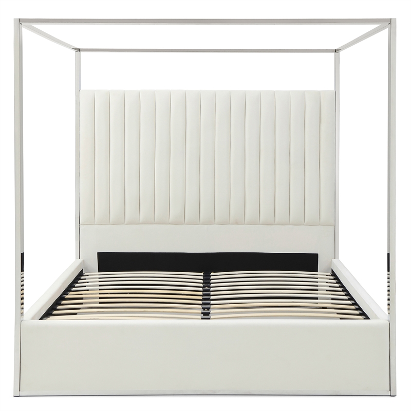 Jeffrey Canopy Velvet Upholstered King Bed Frame In Cream