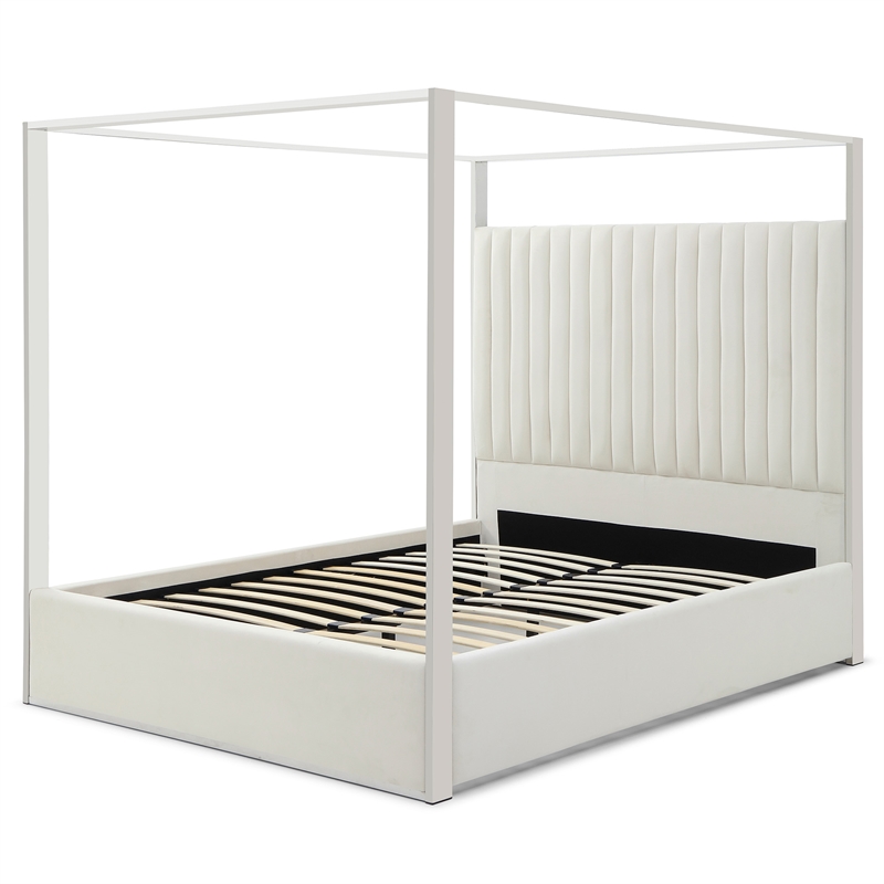 Jeffrey Canopy Velvet Upholstered King Bed Frame In Cream