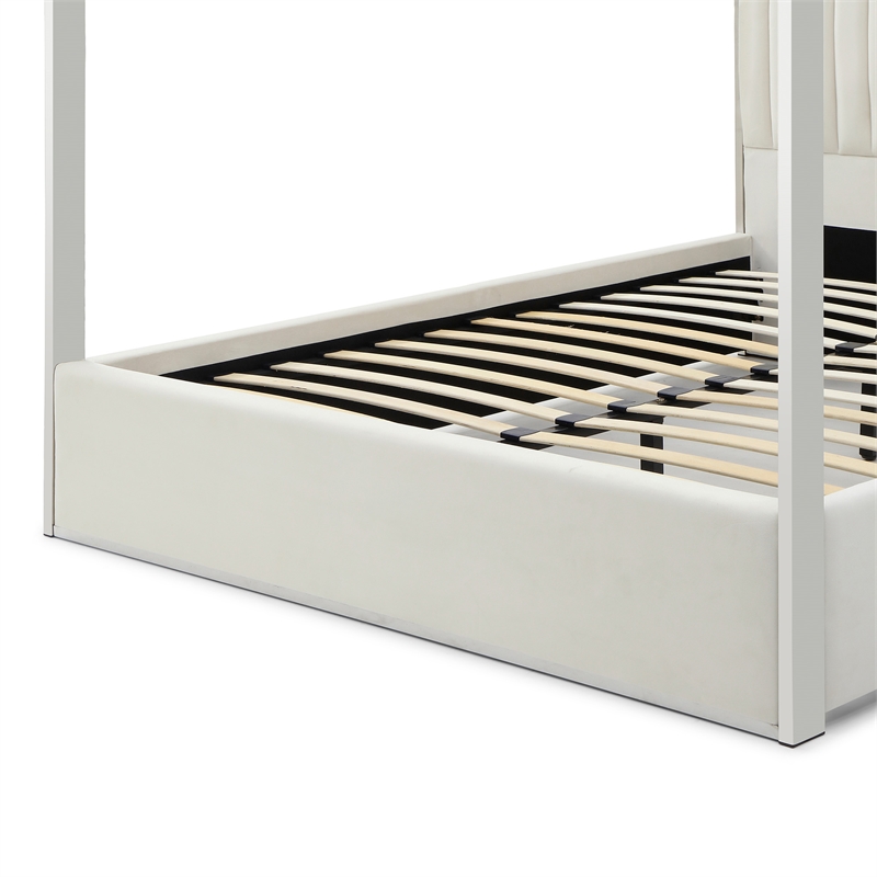 Jeffrey Canopy Velvet Upholstered King Bed Frame In Cream