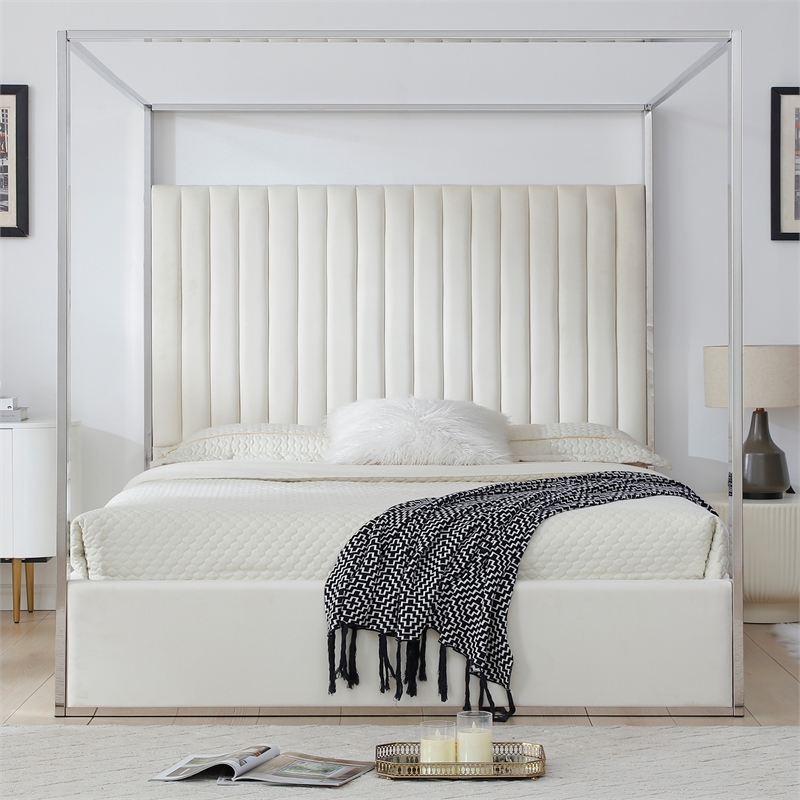 Jeffrey Canopy Velvet Upholstered King Bed Frame In Cream