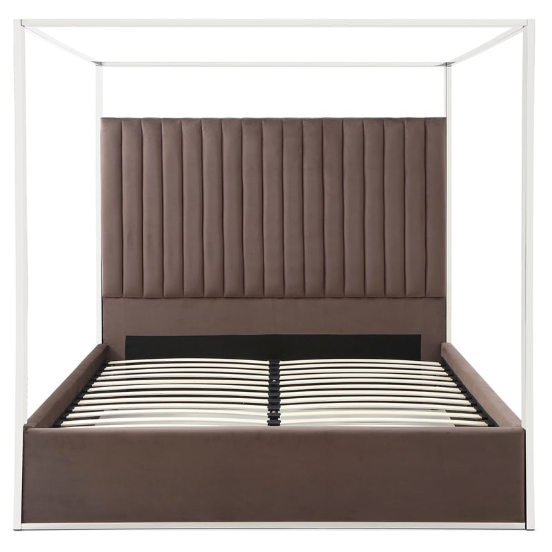 Jeffrey Canopy Velvet Upholstered King Bed Frame In Dark Brown