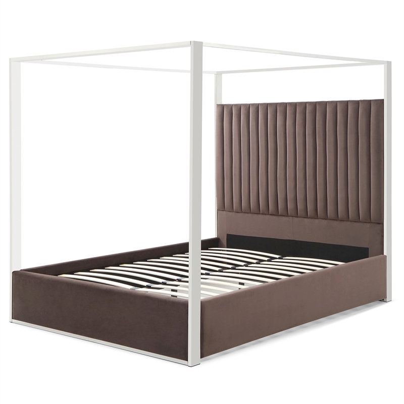 Jeffrey Canopy Velvet Upholstered King Bed Frame In Dark Brown