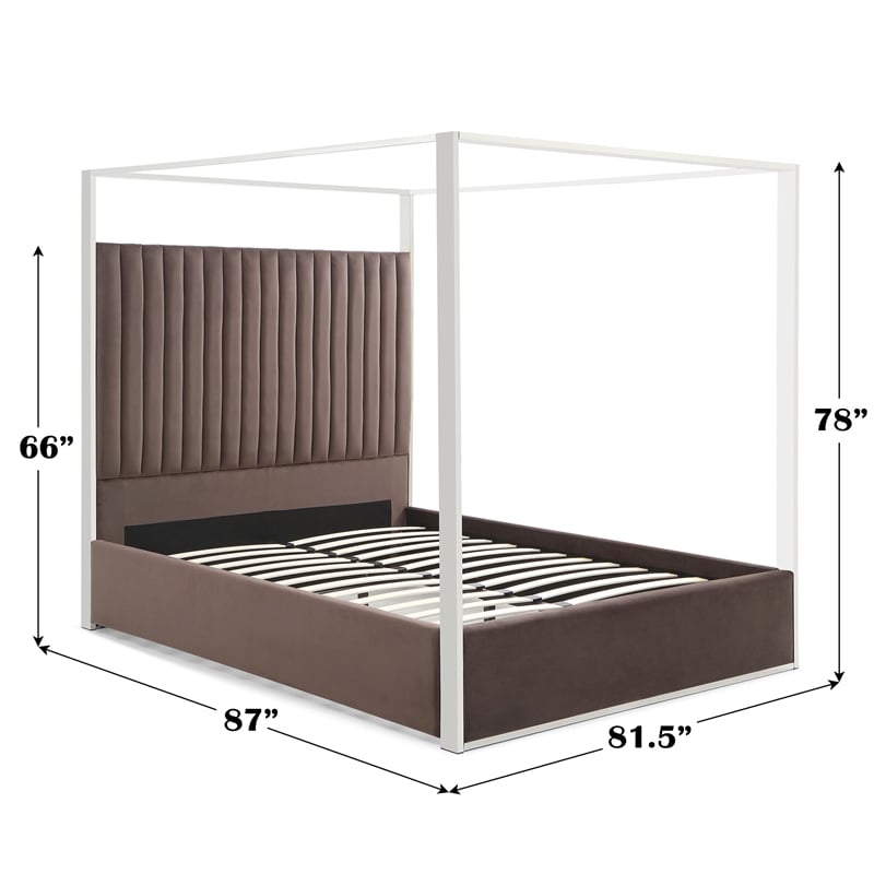 Jeffrey Canopy Velvet Upholstered King Bed Frame In Dark Brown