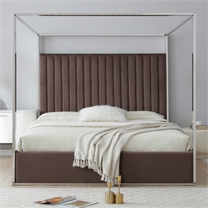 Jeffrey Canopy Velvet Upholstered King Bed Frame In Dark Brown