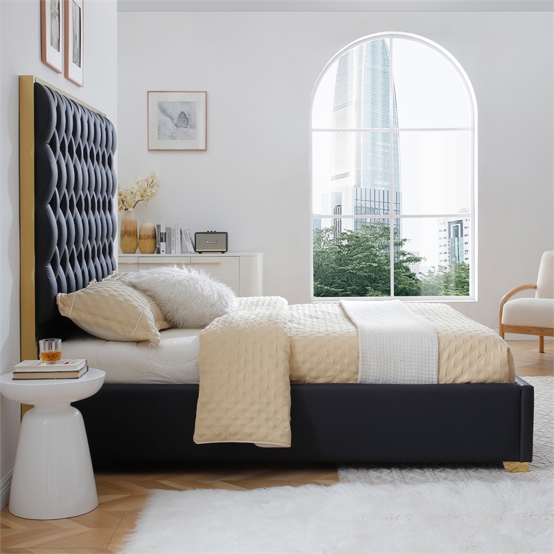 Rollie Vegan Leather Upholstered Queen Bed Frame In Black