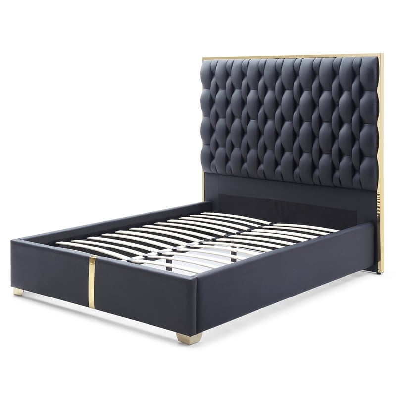Rollie Vegan Leather Upholstered Queen Bed Frame In Black