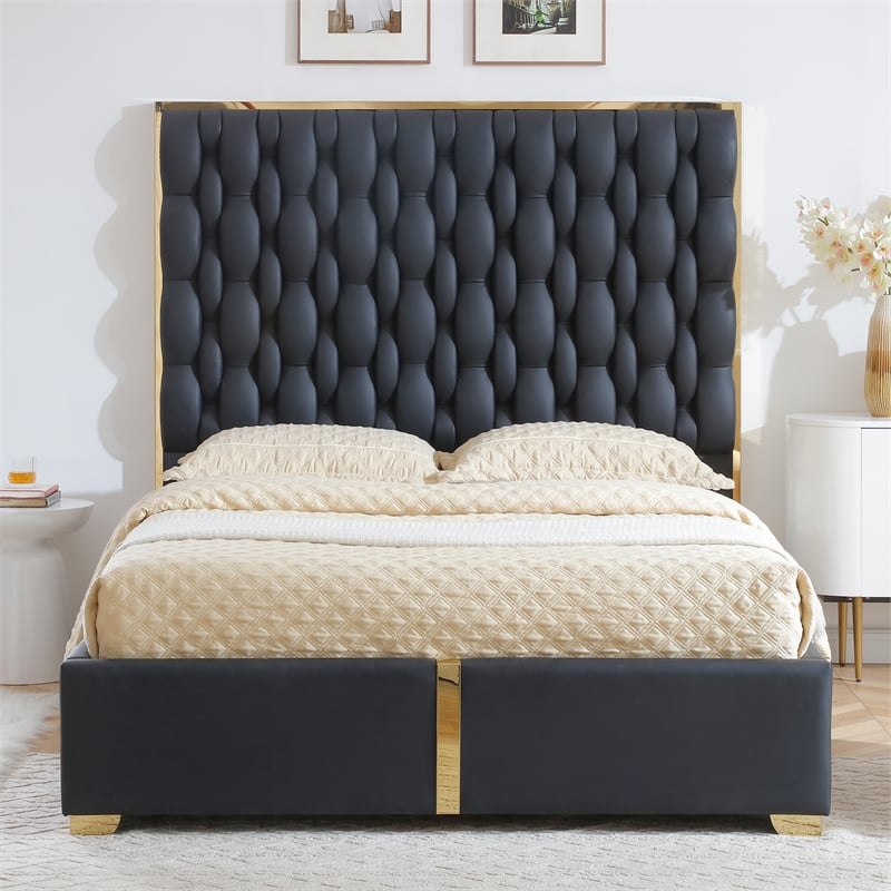 Rollie Vegan Leather Upholstered Queen Bed Frame In Black