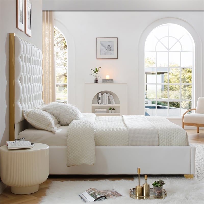 Rollie Vegan Leather Upholstered Queen Bed Frame In Cream