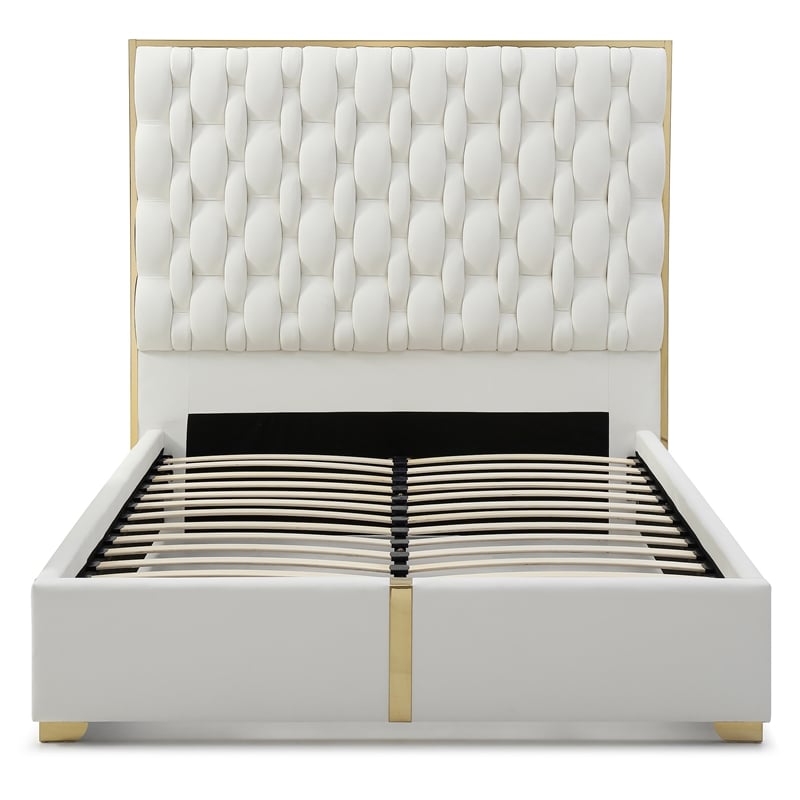 Rollie Vegan Leather Upholstered Queen Bed Frame In Cream