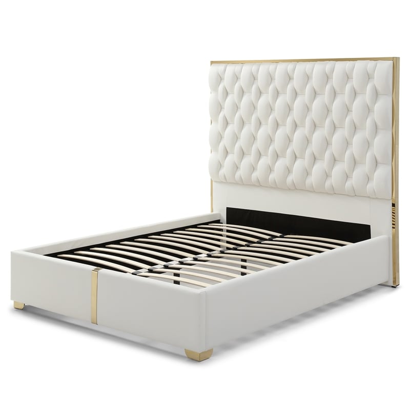 Rollie Vegan Leather Upholstered Queen Bed Frame In Cream