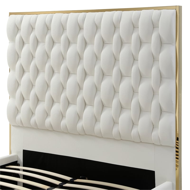 Rollie Vegan Leather Upholstered Queen Bed Frame In Cream