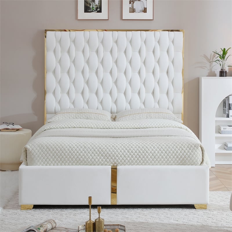 Rollie Vegan Leather Upholstered Queen Bed Frame In Cream
