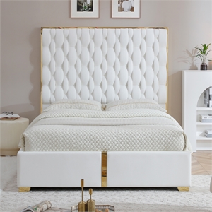 Rollie Vegan Leather Upholstered Queen Bed Frame In Cream