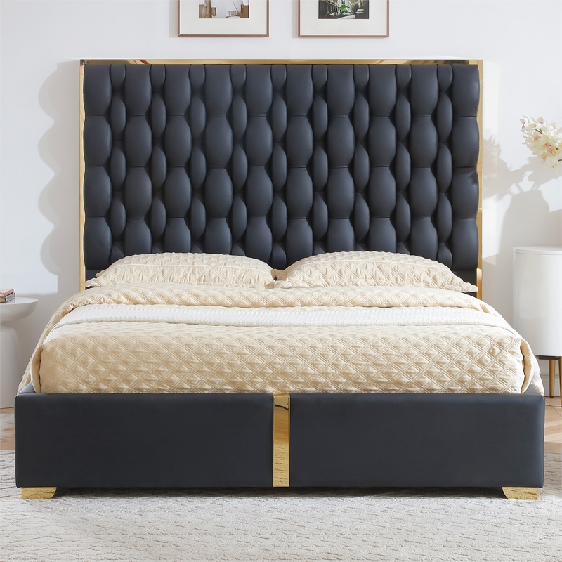 Rollie Vegan Leather Upholstered King Bed Frame In Black