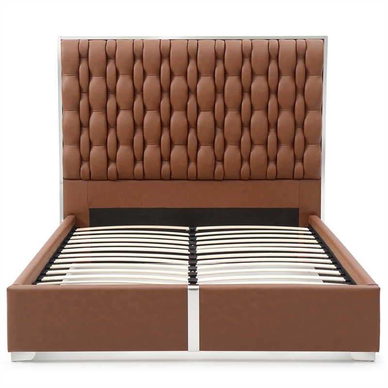Rollie Vegan Leather Upholstered King Bed Frame In Brown