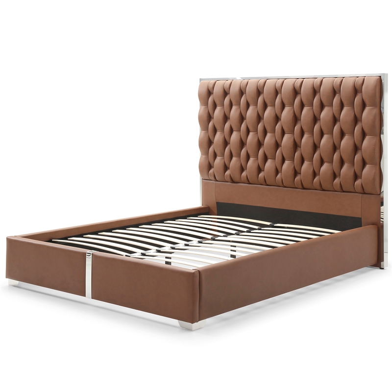Rollie Vegan Leather Upholstered King Bed Frame In Brown