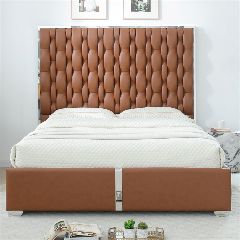 Rollie Vegan Leather Upholstered King Bed Frame In Brown