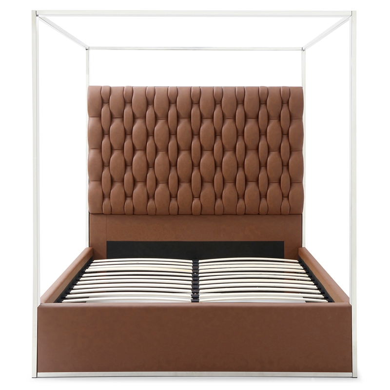 Rollie Canopy Vegan Leather Upholstered Queen Bed Frame In Brown