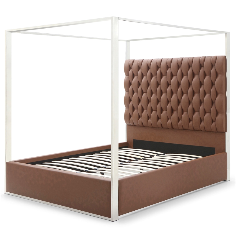 Rollie Canopy Vegan Leather Upholstered Queen Bed Frame In Brown