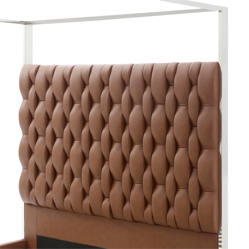 Rollie Canopy Vegan Leather Upholstered Queen Bed Frame In Brown
