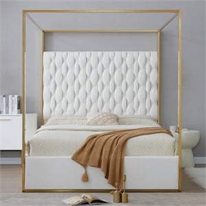 Rollie Canopy Vegan Leather Upholstered Queen Bed Frame In Cream