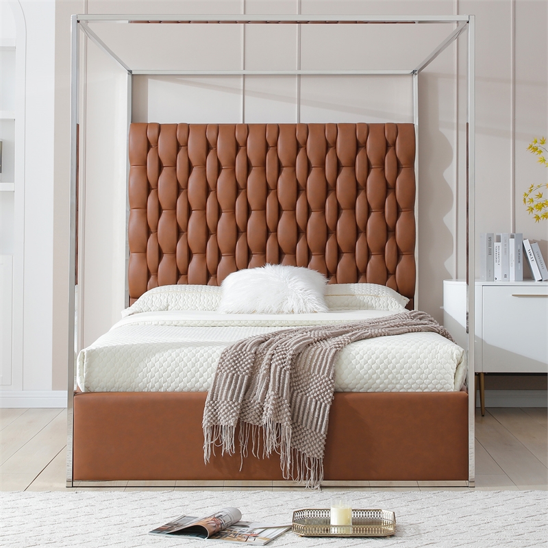 Rollie Canopy Vegan Leather Upholstered King Bed Frame In Brown