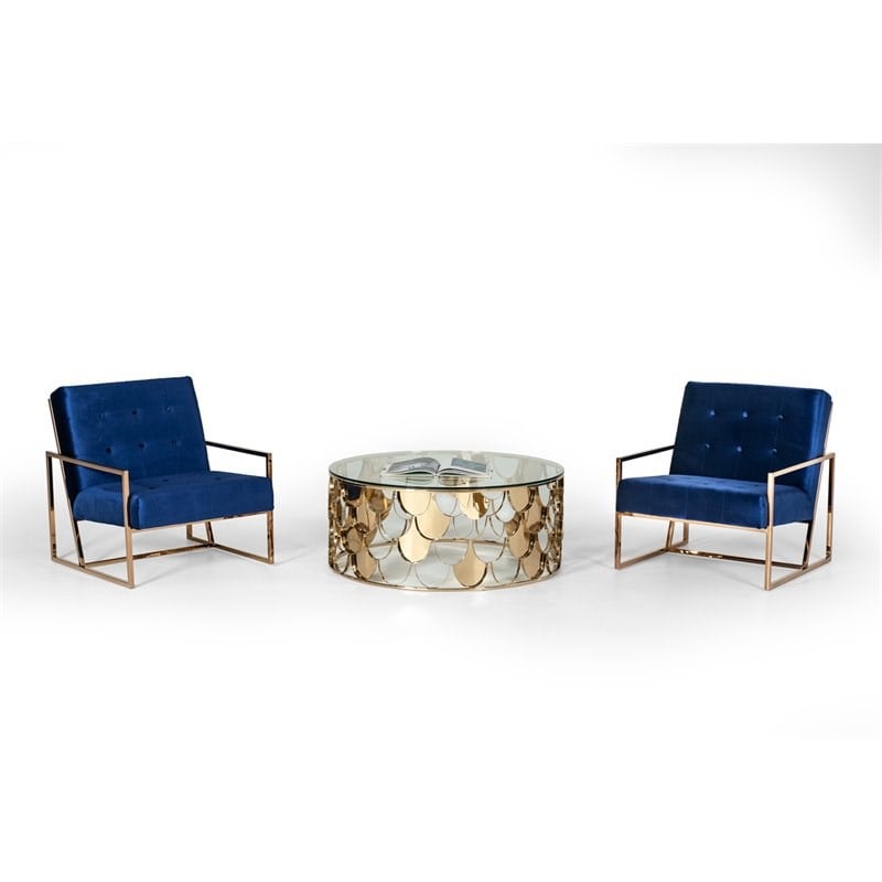 Modrest Javier Round Modern Metal & Glass Coffee Table in Gold & Clear