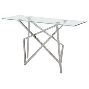modrest hawkins modern stainless steel & glass console table in silver/clear