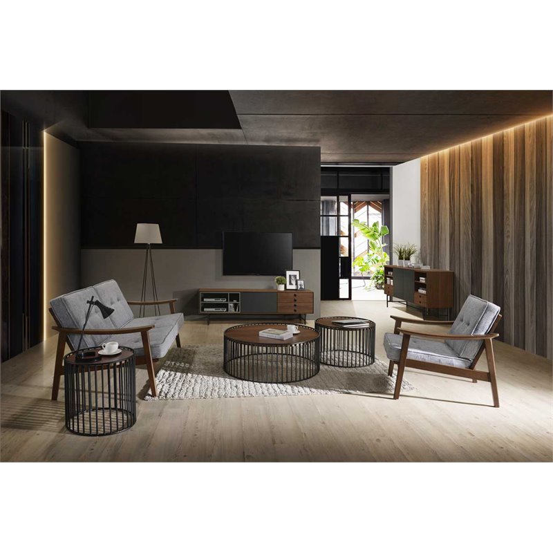 Modrest Bronson Round Modern Metal & Veneer End Table in Walnut/Black
