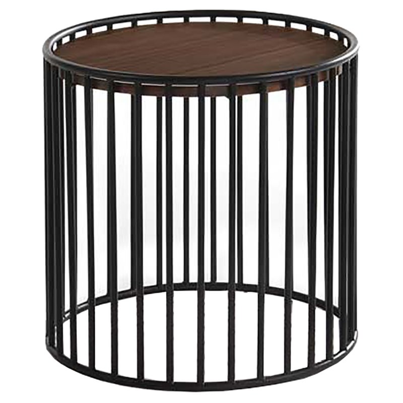 Modrest Bronson Round Modern Metal & Veneer End Table in Walnut/Black