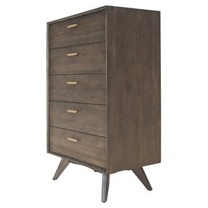 Modrest Novak 5-Drawer Modern Wood Veneer Chest in Dark Oak/Antique Brass