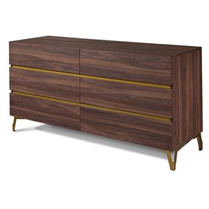 modrest calabria 6-drawer modern mdf wood & metal dresser in walnut