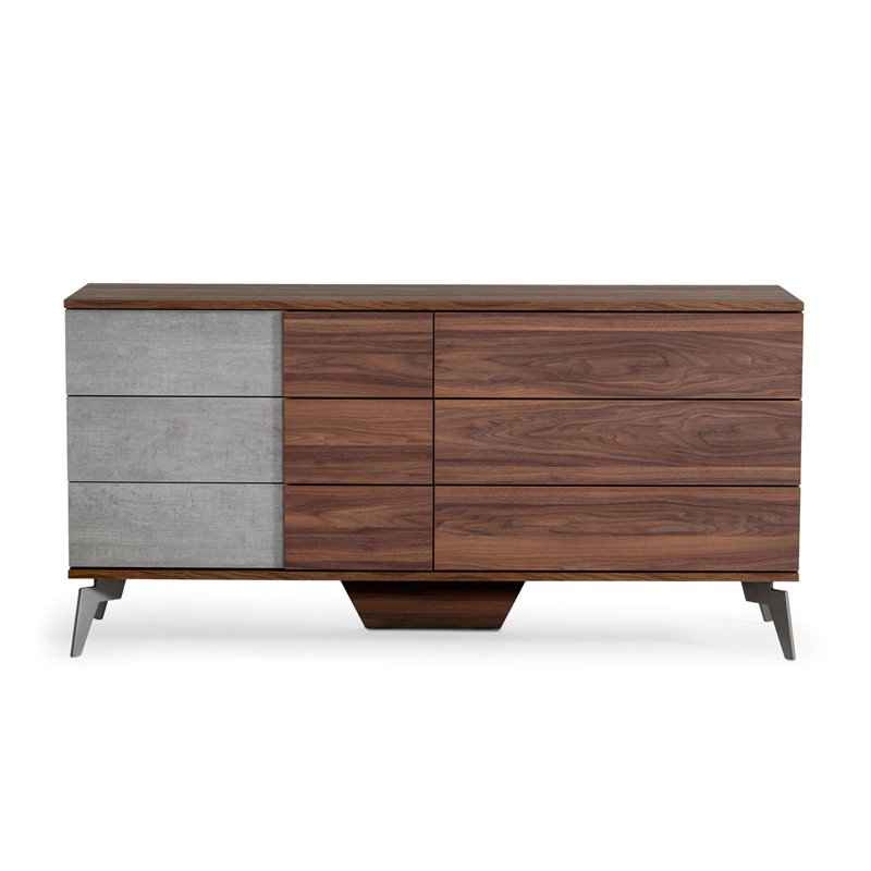 Modrest Palermo 6-Drawer Modern Wood & Faux Concrete Dresser in Walnut/Gray