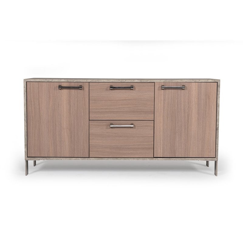 Modrest Boston Stainless Steel & Faux Concrete Office File Cabinet in Brown Oak