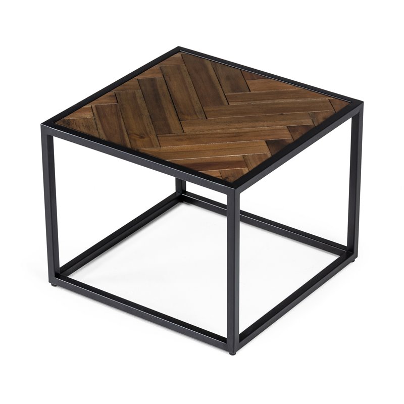 Modrest Pasada Chevron Pattern Metal & Acacia Wood End Table in Black/Brown