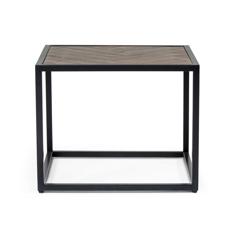 Modrest Pasada Chevron Pattern Metal & Acacia Wood End Table in Black/Brown