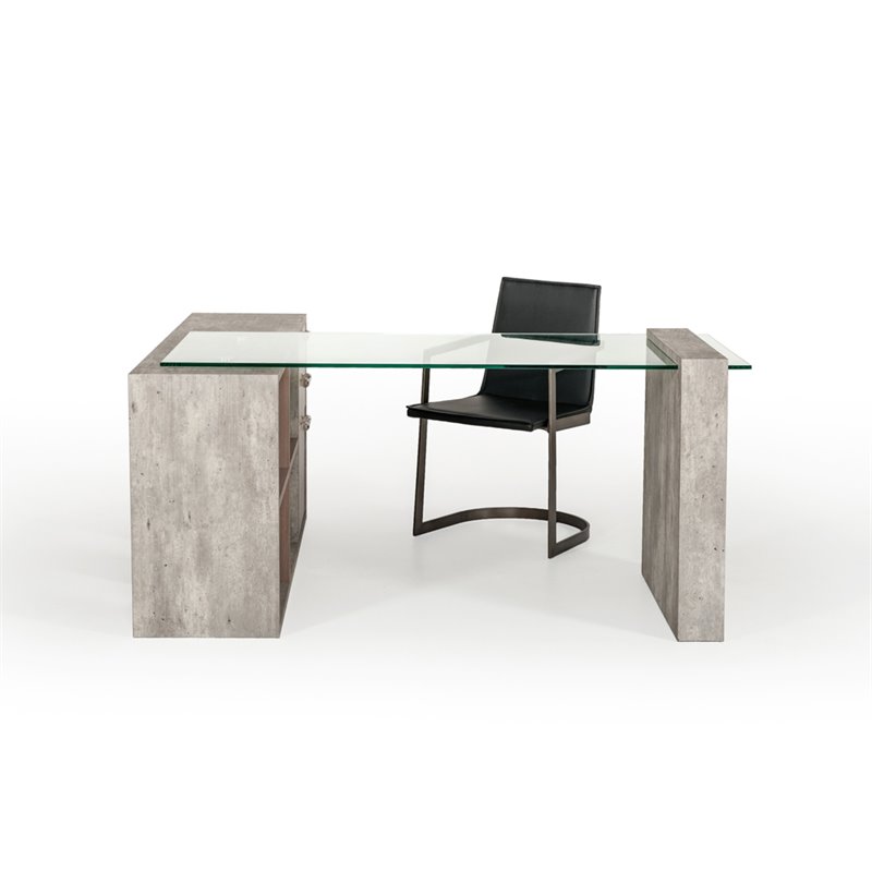Modrest Boston Modern Tempered Glass & Faux Concrete Writing Desk in Clear/Gray