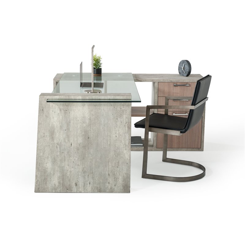 Modrest Boston Modern Tempered Glass & Faux Concrete Writing Desk in Clear/Gray
