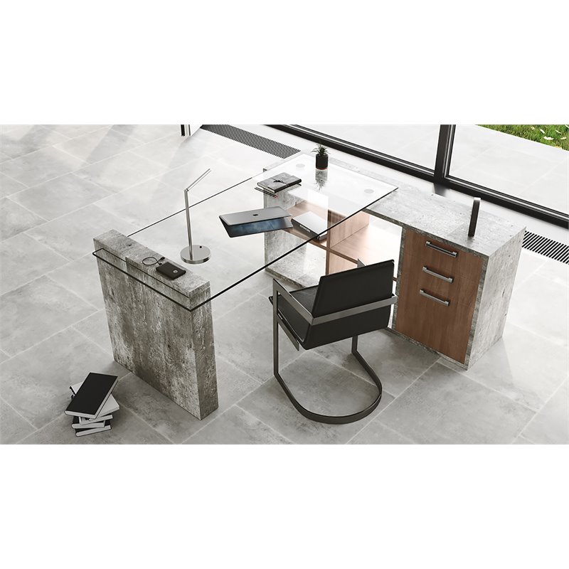 Modrest Boston Modern Tempered Glass & Faux Concrete Writing Desk in Clear/Gray