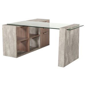 modrest boston modern tempered glass & faux concrete writing desk in clear/gray