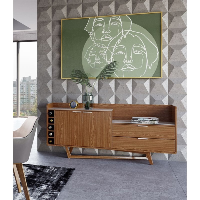 Modrest James Contemporary Wood Veneer & Marble Buffet in Walnut/White
