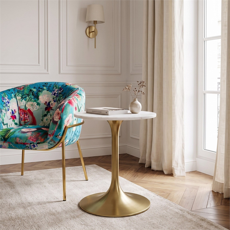 Modrest Collins Round Stainless Steel & Marble End Table in White/Gold
