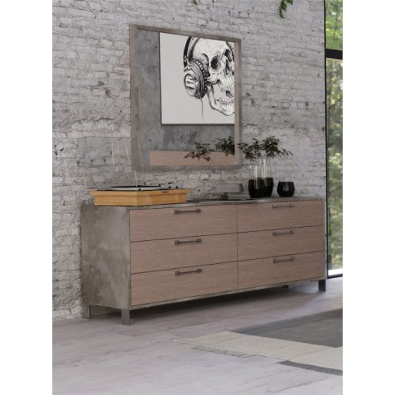 Modrest Boston 6-Drawer Faux Concrete & Stainless Steel Dresser in Oak Brown