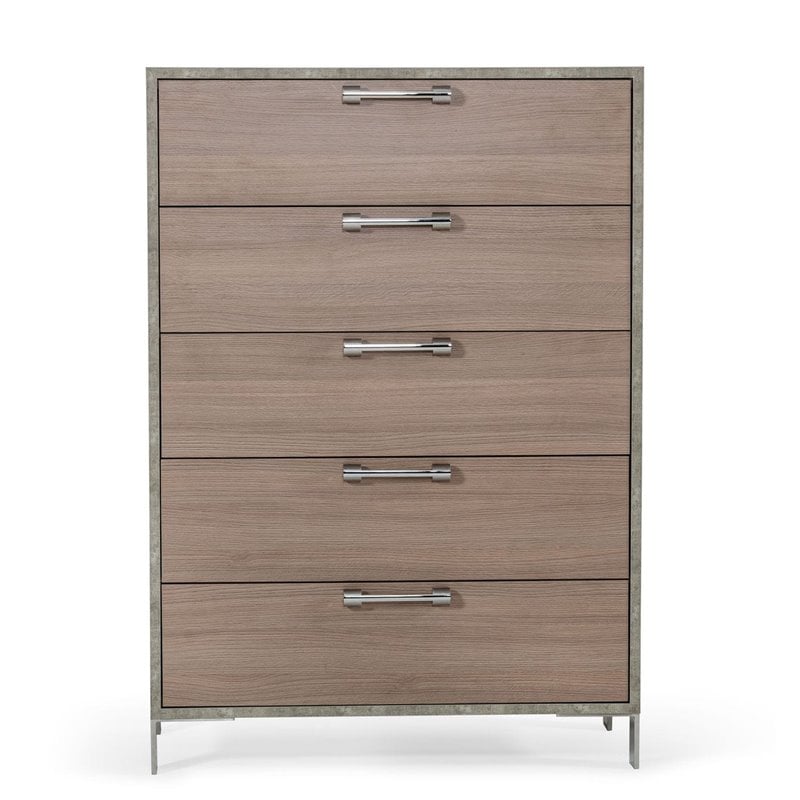 Modrest Boston 5-Drawer Modern Stainless Steel & Faux Concrete Chest - Oak Brown
