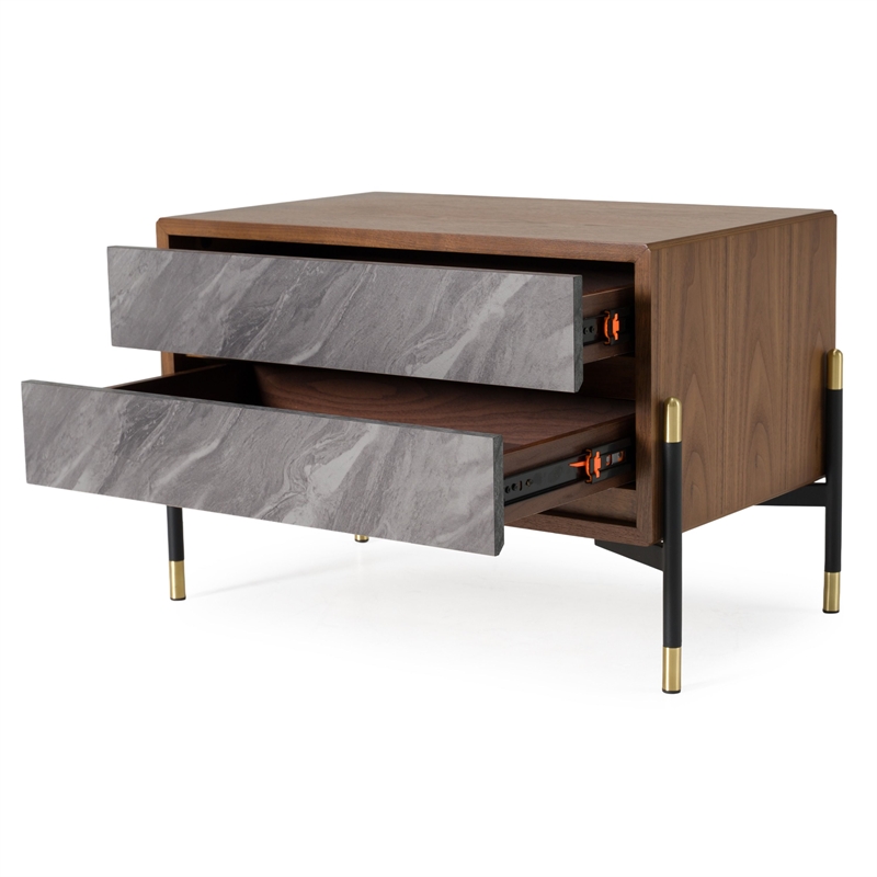 Modrest Metcalf 2-Drawer Mid-Century Wood Nightstand in Walnut/Gray
