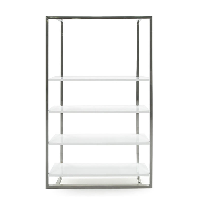 Modrest Fauna 4-Shelves Modern Stainless Steel Bookshelf in White High Gloss