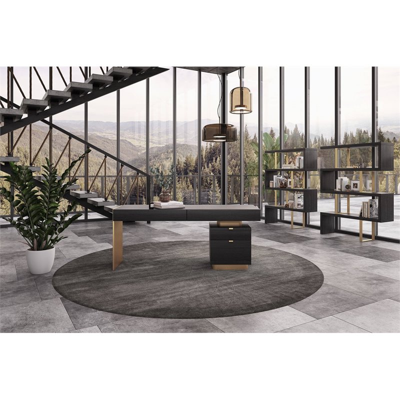 Modrest Maze Wood Veneer & Stainless Steel Bookcase in Elm Gray/Gold