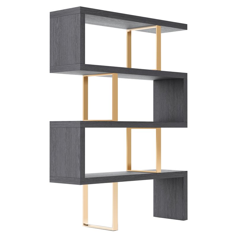 Modrest Maze Wood Veneer & Stainless Steel Bookcase in Elm Gray/Gold