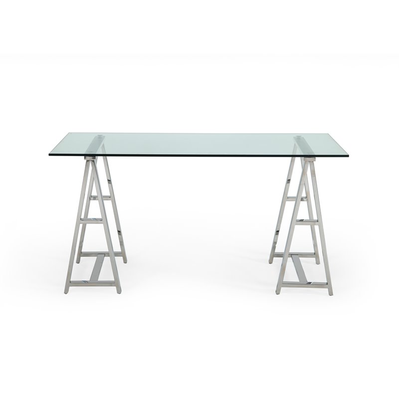 Modrest Ostro Modern Glass & Stainless Steel Writing Desk in Silver/Clear