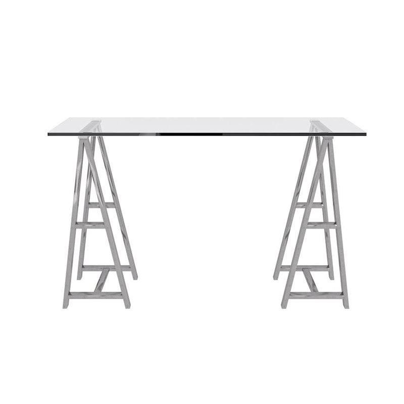 Modrest Ostro Modern Glass & Stainless Steel Writing Desk in Silver/Clear